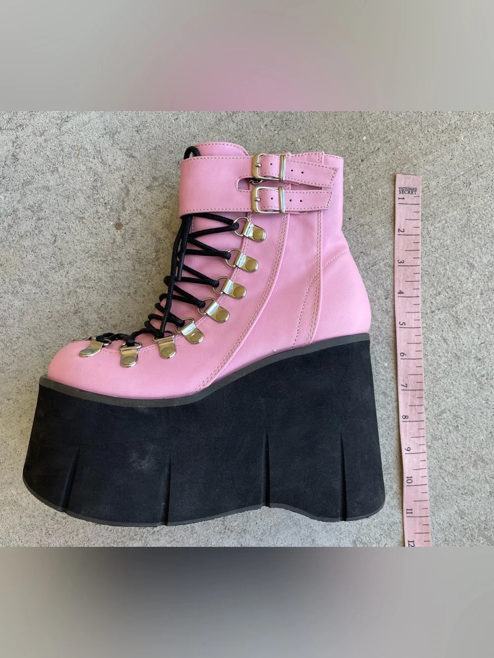 Demonia Kera 21 Baby Pink Black Platform Lace Up Boots 6 Kawaii Pastel Goth Punk